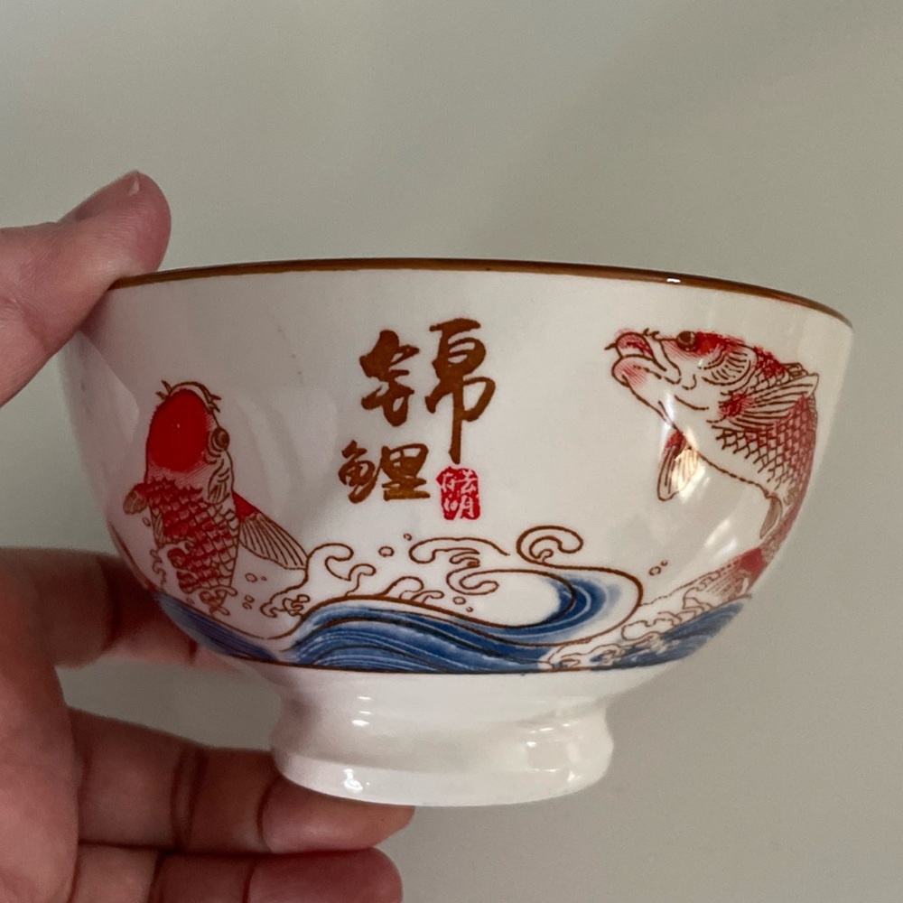 Chinese Footed Rice Bowl Koi Carp Fish Design 4.5x2.5 Blue Orange New